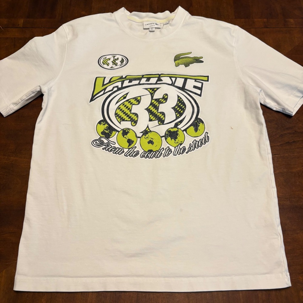 Lacoste Graphic T-Shirt Men Large White Loose Fit 33 Globe Court Street Tee